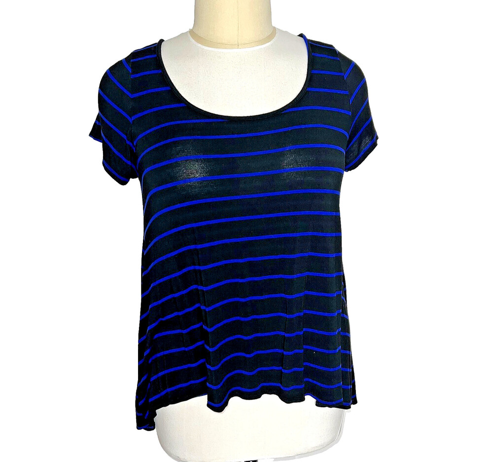 Star Vixen Women's 2X Blouse Black Blue Short Sleeve Striped Sharkbite Hi-Lo Hem
